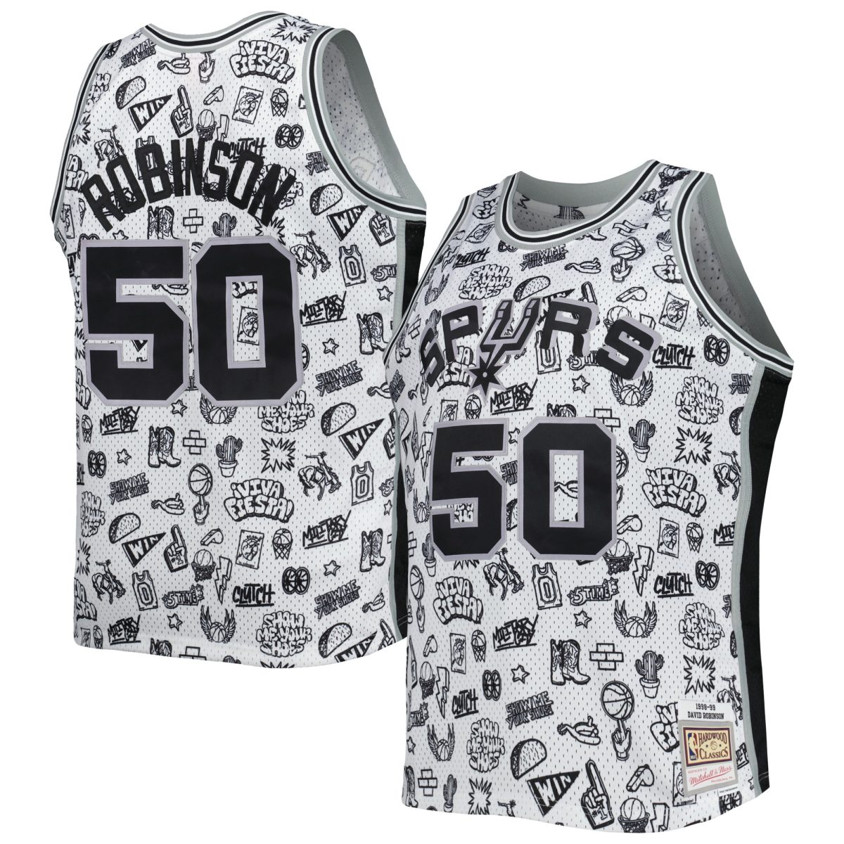 San Antonio Spurs mens san antonio spurs david robinson mitchell  ness white 199899 hardwood classics doodle swingman player jersey Collection | Official Spurs Store