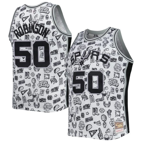 San Antonio Spurs mens san antonio spurs david robinson mitchell  ness white 199899 hardwood classics doodle swingman player jersey Collection | Official Spurs Store