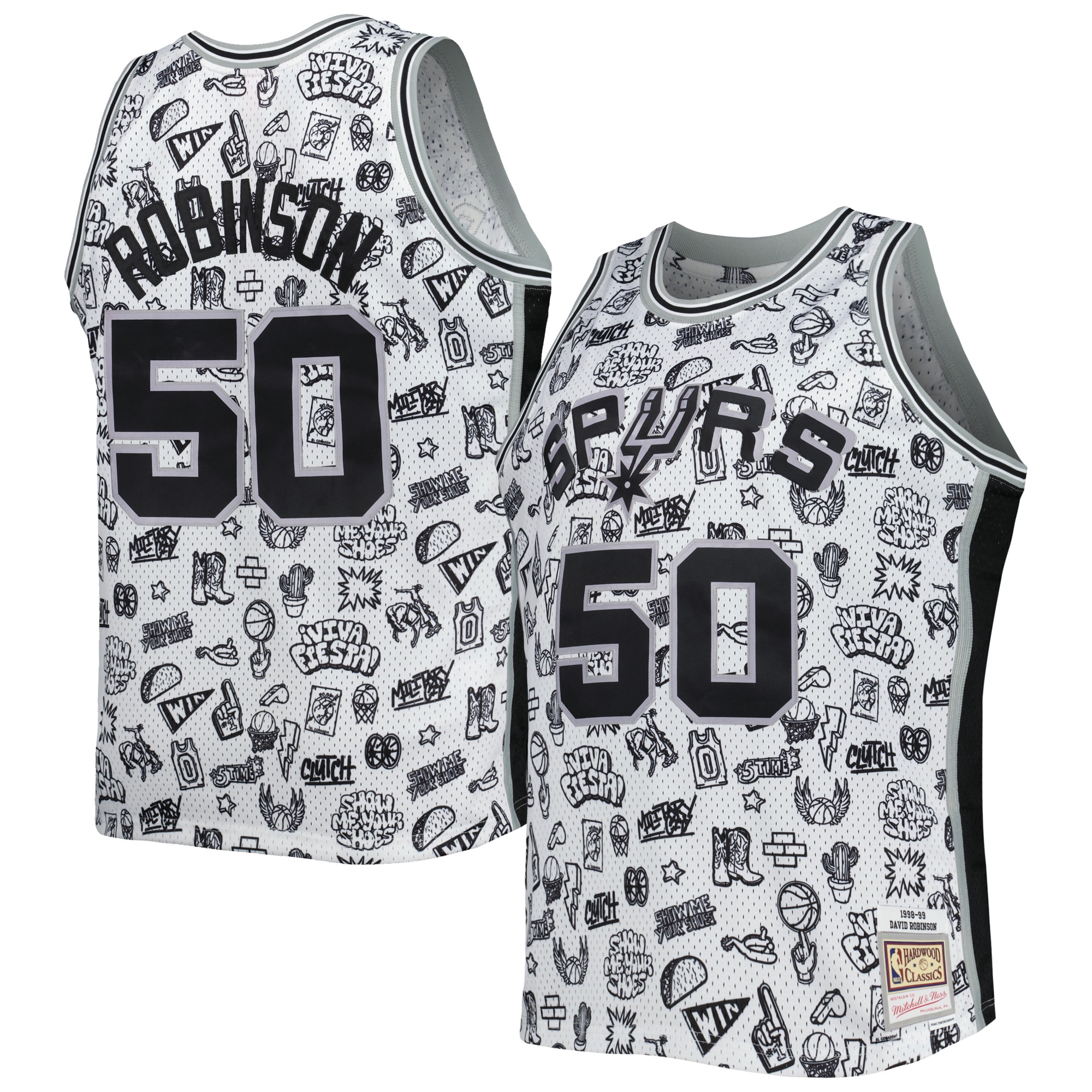 San Antonio Spurs mens san antonio spurs david robinson mitchell  ness white 199899 hardwood classics doodle swingman player jersey Collection | Official Spurs Store