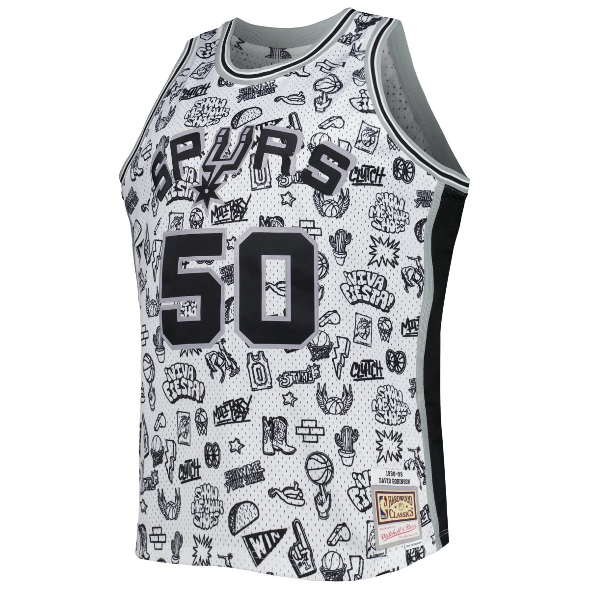 San Antonio Spurs mens san antonio spurs david robinson mitchell  ness white 199899 hardwood classics doodle swingman player jersey Collection | Official Spurs Store