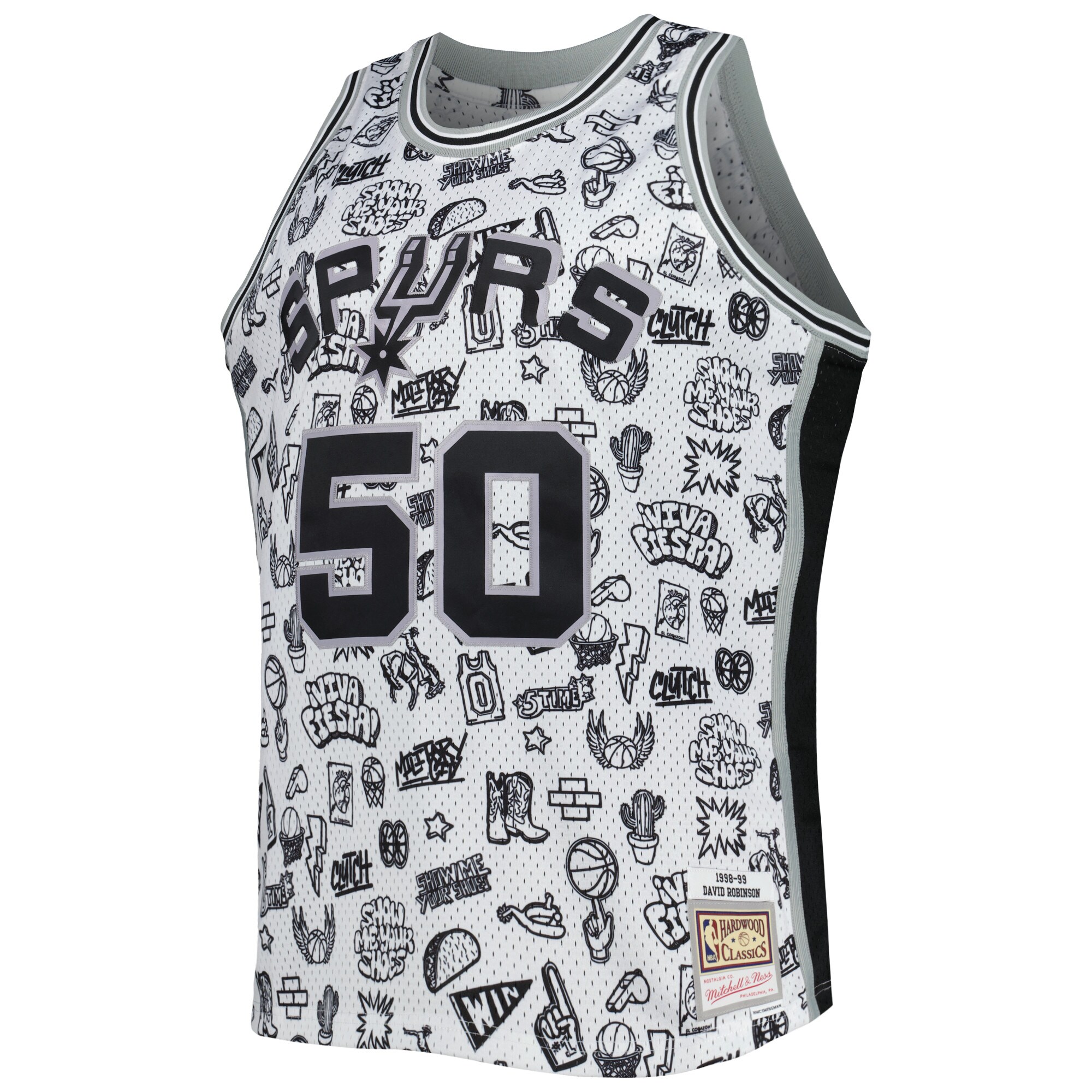 San Antonio Spurs mens san antonio spurs david robinson mitchell  ness white 199899 hardwood classics doodle swingman player jersey Collection | Official Spurs Store