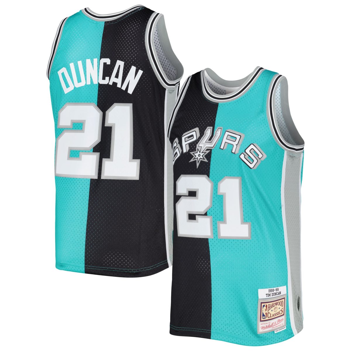San Antonio Spurs mens san antonio spurs tim duncan mitchell  ness blackteal hardwood classics 199899 split swingman jersey Collection | Official Spurs Store