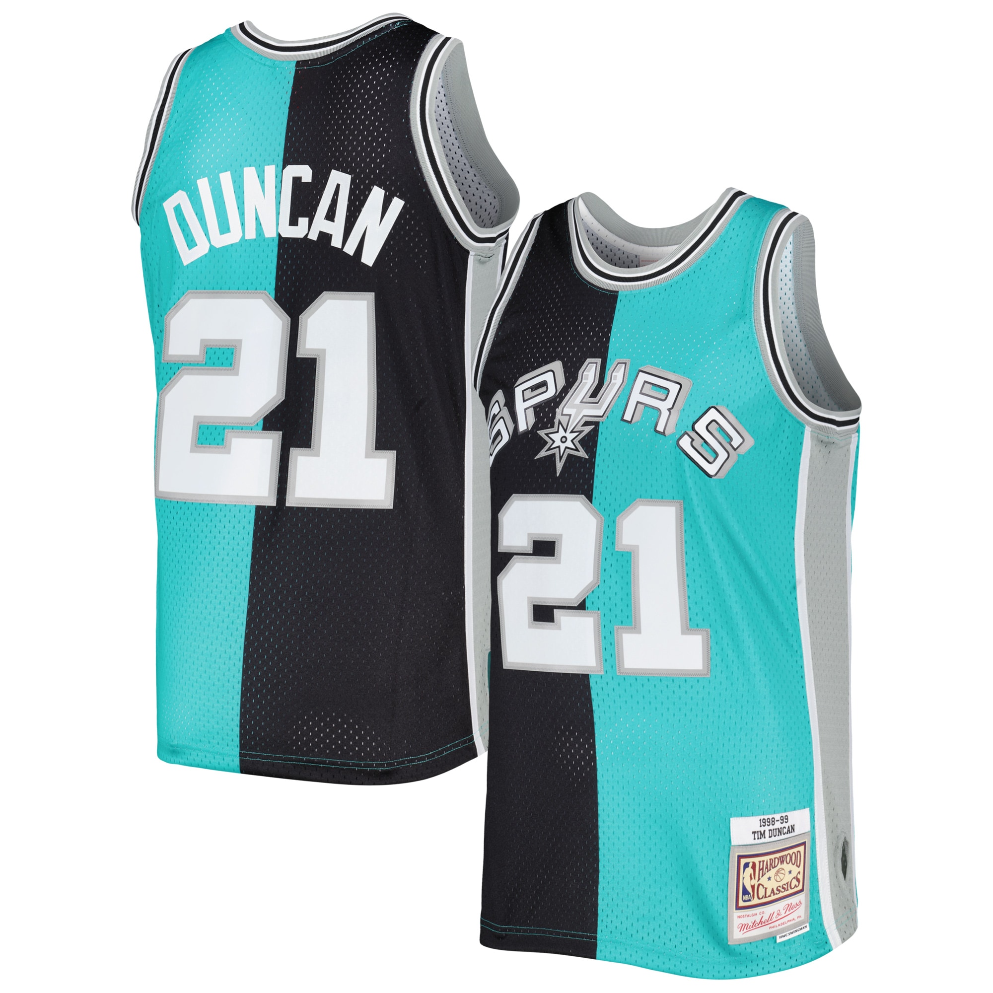San Antonio Spurs mens san antonio spurs tim duncan mitchell  ness blackteal hardwood classics 199899 split swingman jersey Collection | Official Spurs Store