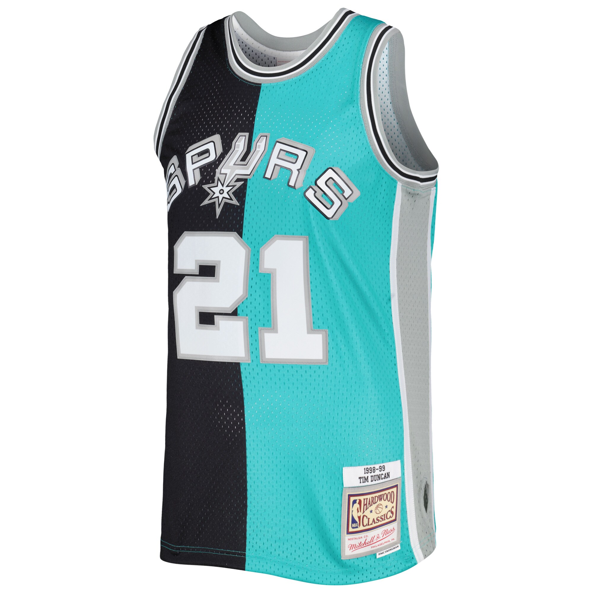 San Antonio Spurs mens san antonio spurs tim duncan mitchell  ness blackteal hardwood classics 199899 split swingman jersey Collection | Official Spurs Store