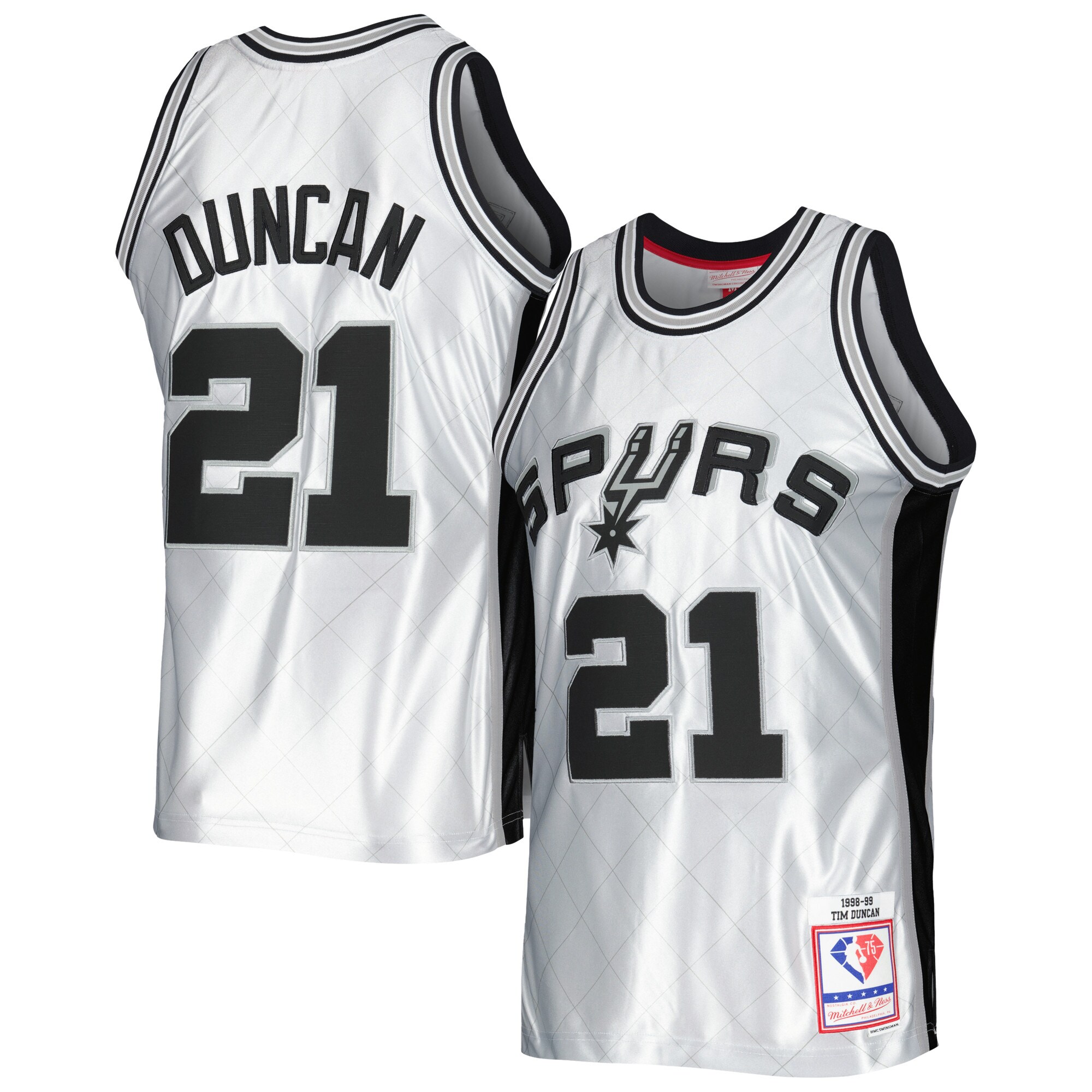 San Antonio Spurs mens san antonio spurs tim duncan mitchell  ness platinum 199899 hardwood classics 75th anniversary swingman jersey Collection | Official Spurs Store
